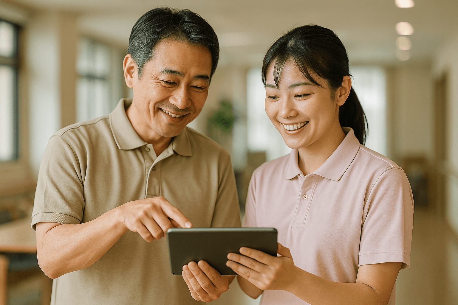 介護施設のスタッフがタブレットを見ながら相談している様子